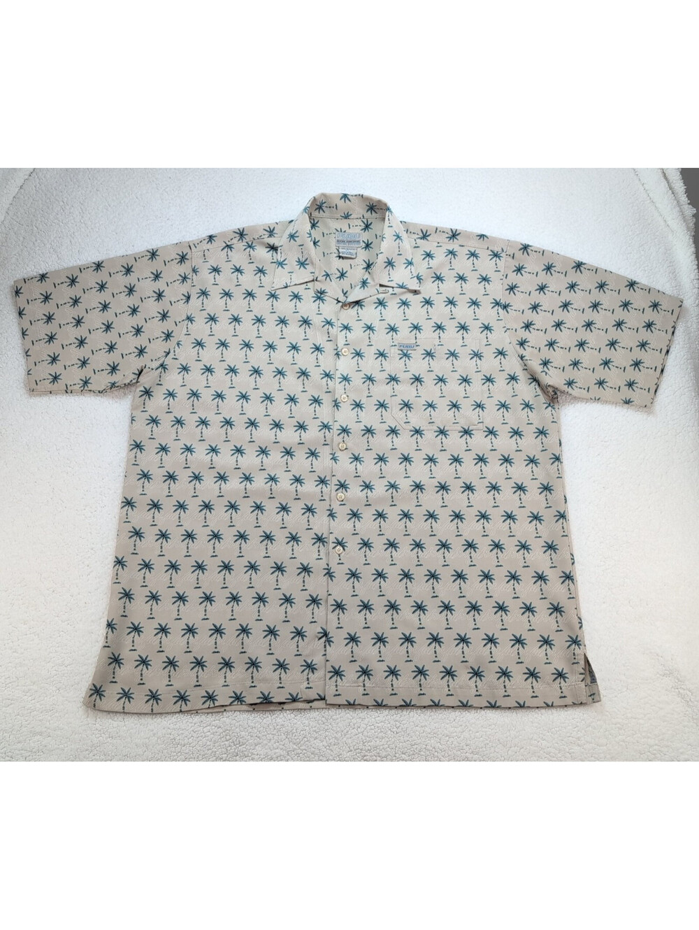 FUBU Men's XL Beige Palm Tree Shirt Tropical Vacation Button-Up All Over Print